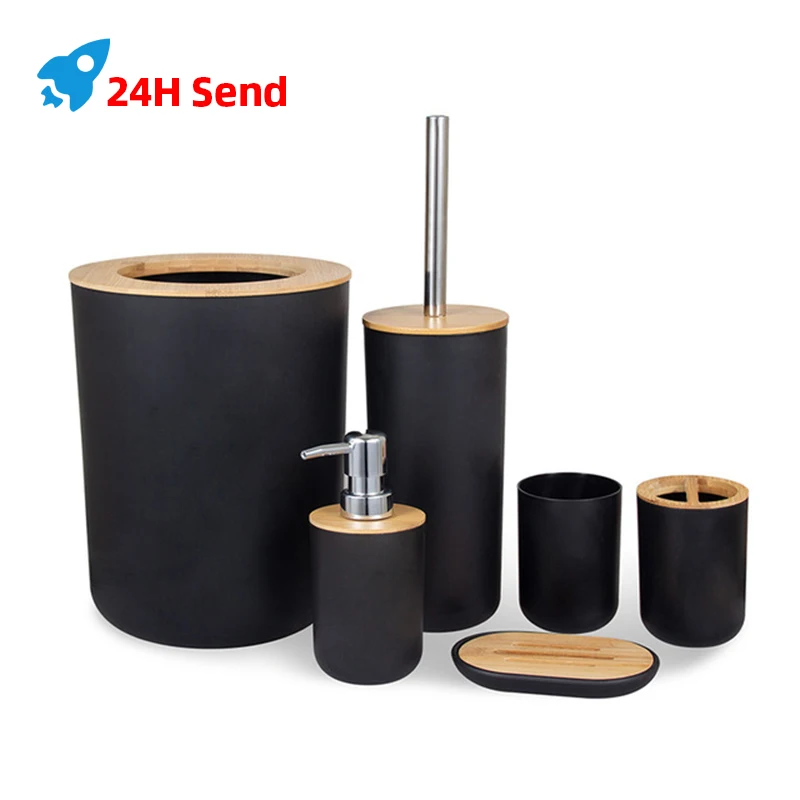 

Bathroom Accessories Set 6 Pieces Bamboo Room Set Toothbrush Holder Soap Dispenser Toilet Brush Trash Can Bathroom Essential Set