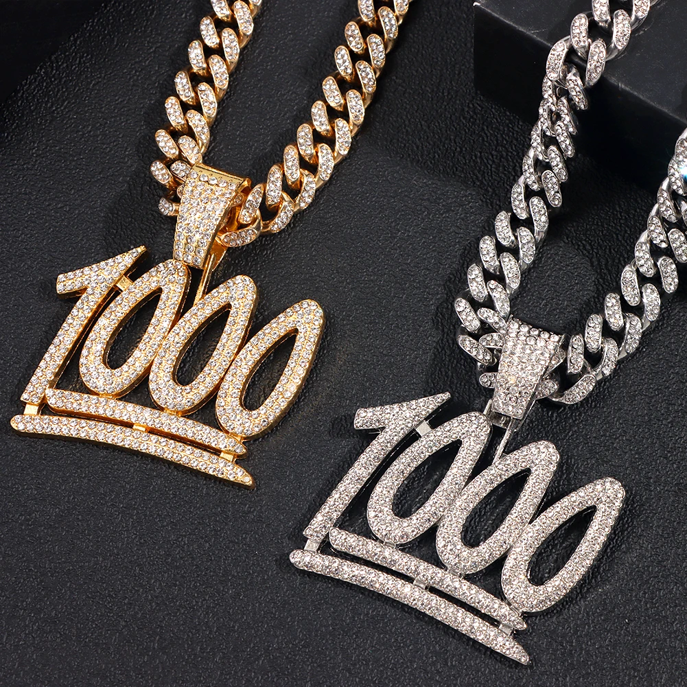 Iced Out Bling Rhinestone 1000 Number Pendant Necklace for Men Women with 13mm Crystal Miami Cuban Chain HipHop Necklace Jewelry