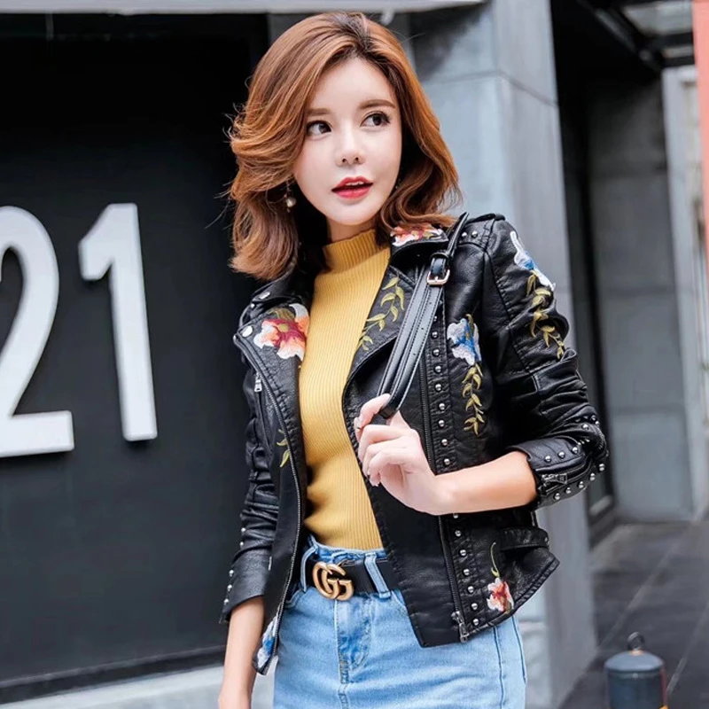 Punk Style Faux Soft Leather Jacket Women Embroidery Floral Faux Leather Jacket Pu Motorcycle Epaulet Zipper Outerwear