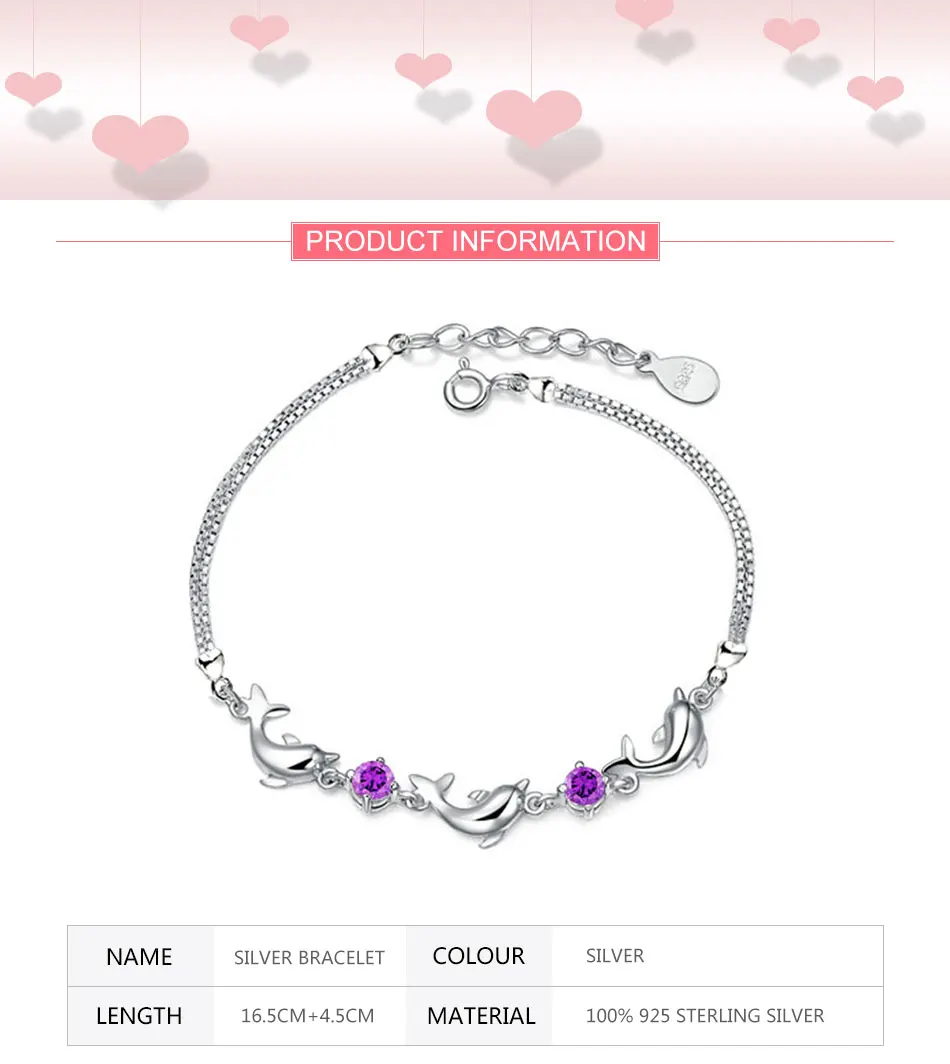 ZDADAN 925 Sterling Silber Kleiner Delfin Amethyst Charm Armband Kette für Damen Mode Party Schmuck Geschenk – Detail 1