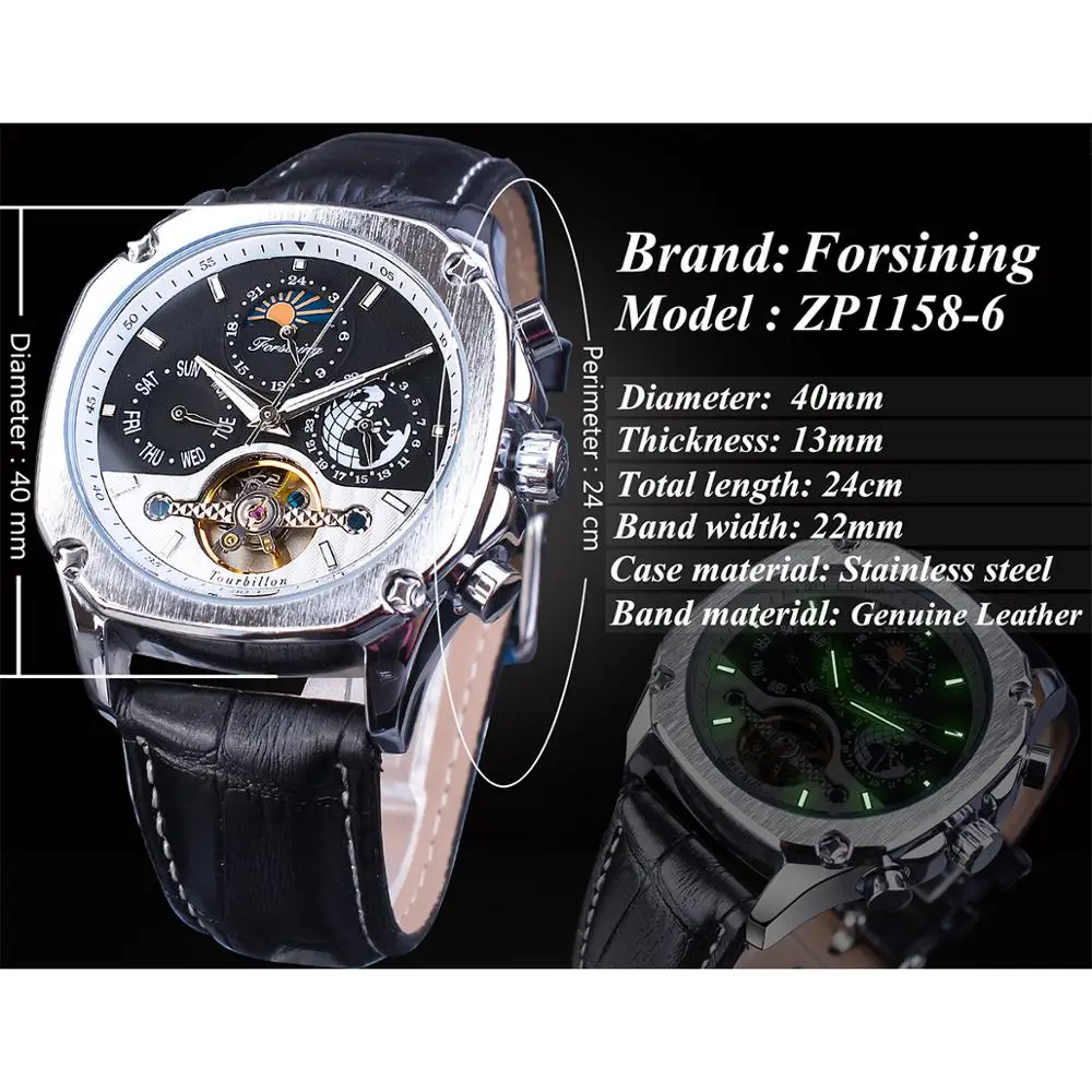 Forsining Automatic Machanical Watch Top Brand Man Clock Black Leather Strap Tourbilion Week Date Display Fashion Wrist Watches