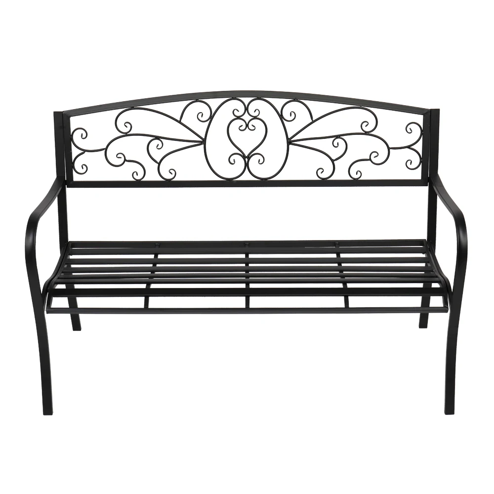 51in Outdoor Bench Iron Patio Park Garden Patio Porch Chair Deck Iron Frame Black Easy to Assemble Easy to Clean