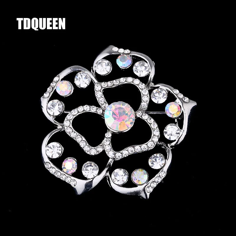 TDQUEEN Crystal Flower Brooches and Pins for Women Silver Plated Metal Big Camelia Flower Plant Crystal Brooches