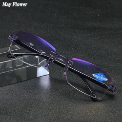 May Flower Rimless Reading Glasses Anti Blue Light Bifocal Eyeglasses With Diopter Female Male Eyewear Spectacles Clear Lens+3.5