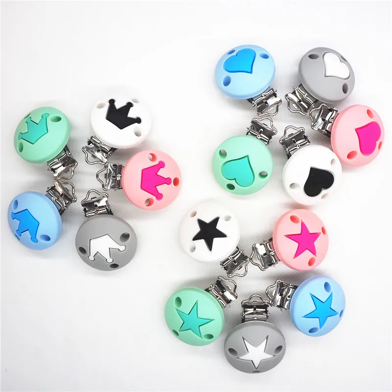 Chenkai 10PCS Round Bear Star Silicone Teether Clip DIY Baby Pacifier Dummy Chain Holder Soother Nursing Jewelry Toy Clips