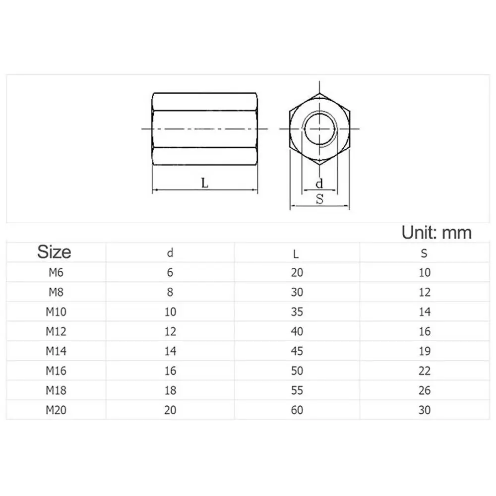 Hex Rod Coupling Long Nuts Bar Stud Carbon Steel Zinc Plated Hexagon Connection Thread Nuts M6 M8 M10 M12 M14 M16 M18 M20