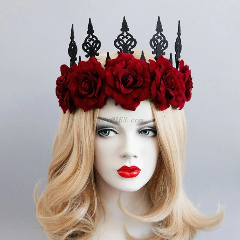 Lady Queen Head Wreath Vintage Gothic Black Crown Red Roses Tiara Headband Halloween Party Masquerade Cosplay