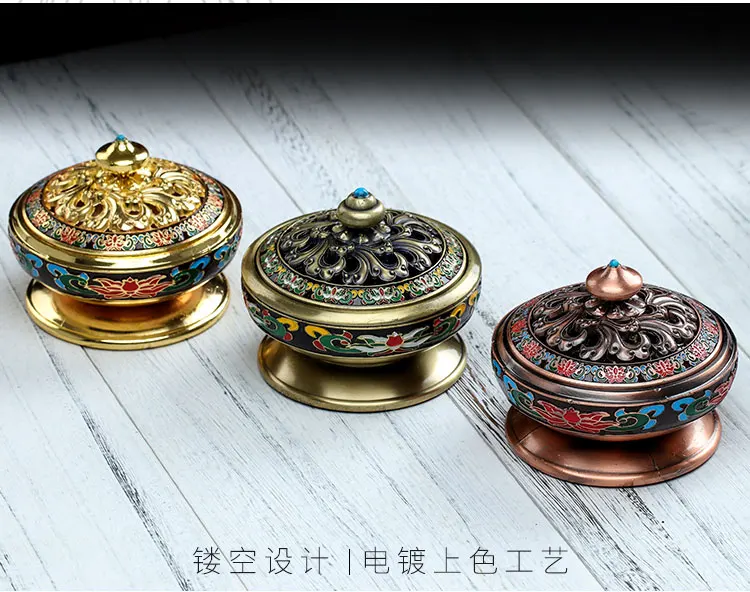 Pure copper enamel painted lotus plate incense burner indoor home antique hollow Xiangyun size