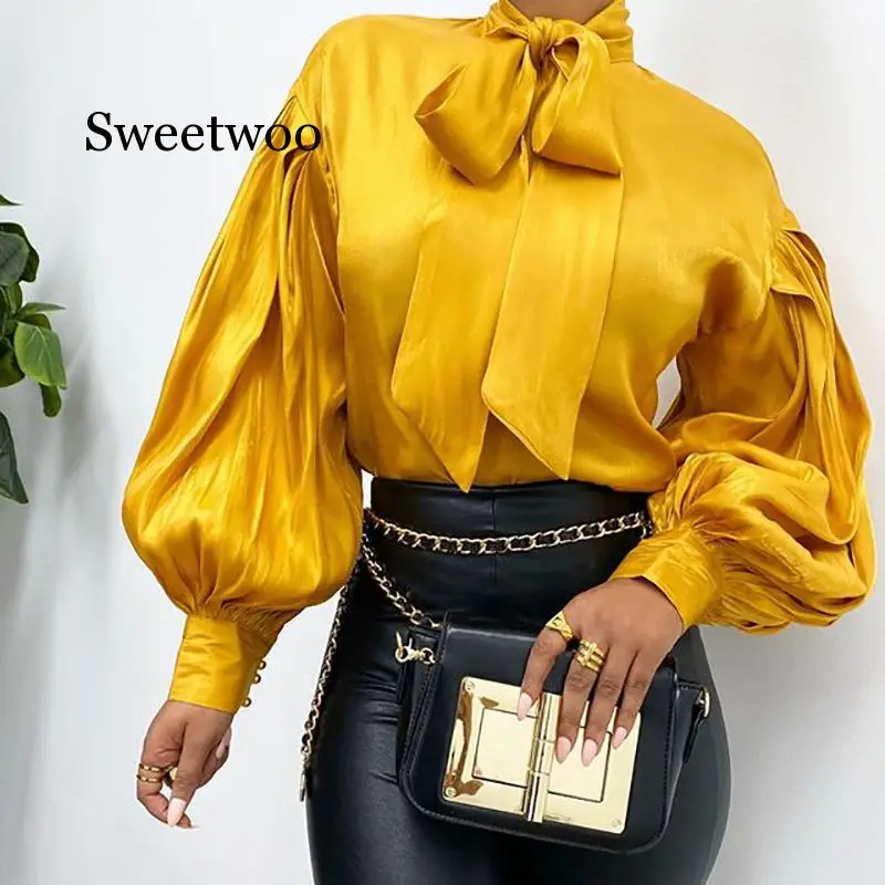 

2020 Yellow Long Sleeve Blouse Lantern Sleeve Summer Spring New Lady Elegant Women Tops Blouse Shirts Female