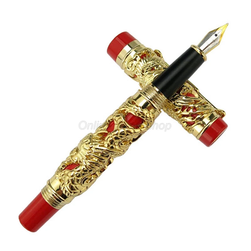 

Jinhao Classic Dragon Phoenix Fountain Pen, Metal Carving Embossing Heavy Pen, Golden & Red For Office & School & Home