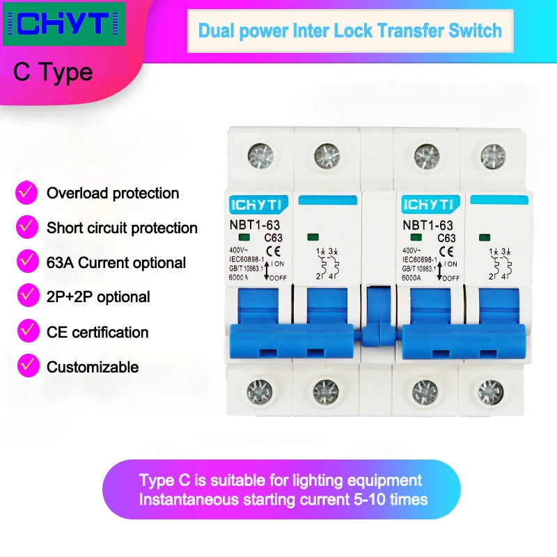 ICHYTI 2P+2P 63A Manual Transfer Switch Interlock Circuit Breaker 400V 50/60Hz Dual Power Switch MTS