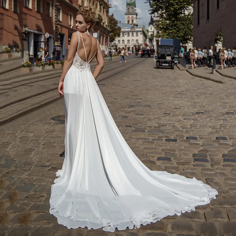 Sexy Boho Wedding Dress Appliques Lace V-neck Backless Side Split Wedding Gowns Chiffon Bride Dresses vestido de mariage