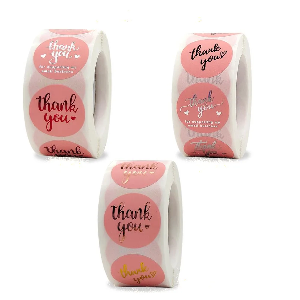 500 Pcs/roll Pink Hot Stamping Thank You Sealing Sticker Self-adhesive Film Sticker A Roll Of Various Hot Stamping Sticker