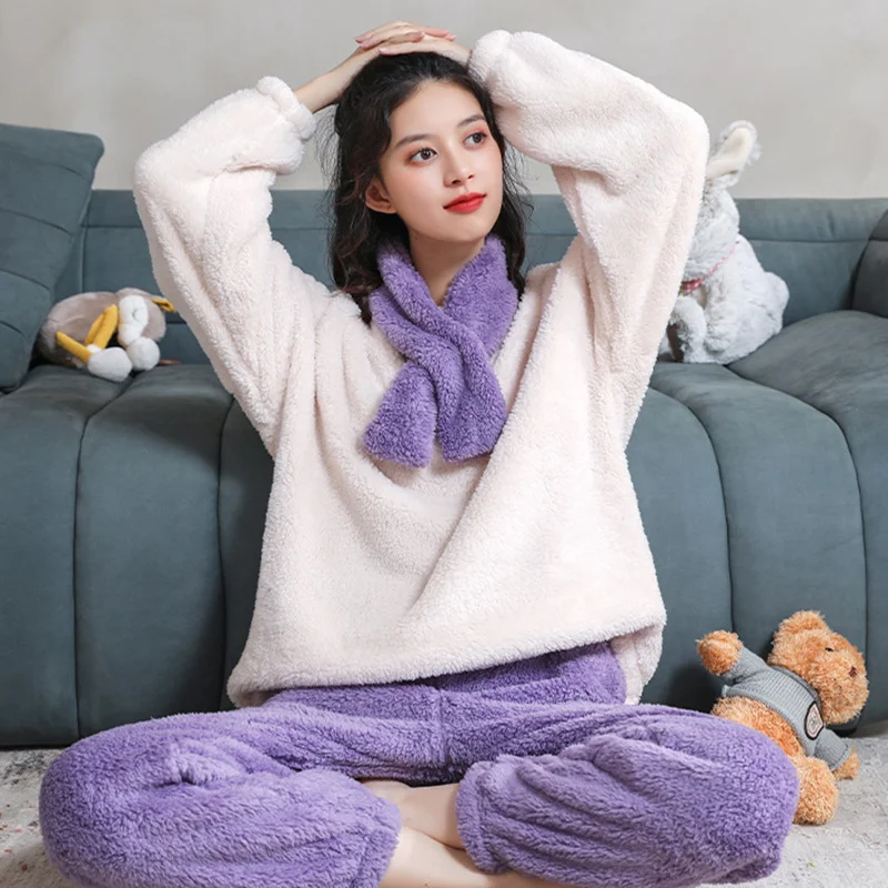 

Plush Pajama Sets Women with Plush Scarf Long Sleeve Tops Long Pants Thick Loungewear Winter Cute Warm Bathrobe Flannel Pajamas