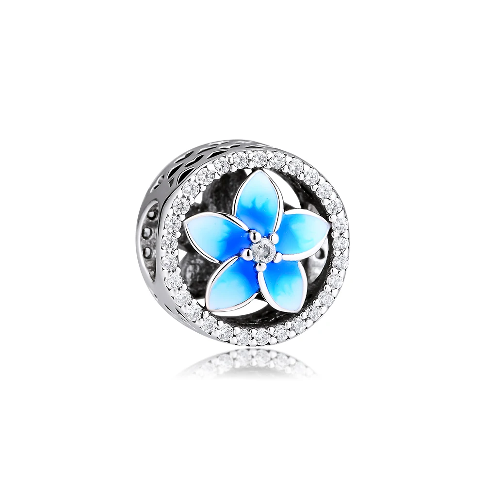 

CKK 100% 925 Sterling-Silver-Jewelry DIY Fits for Brand Charms Bracelets Blue Floral Beads with Pale Blue Enamel