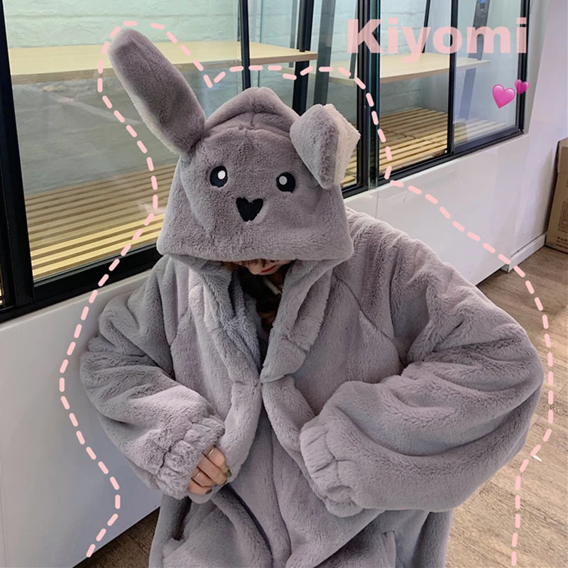 College style sweet thick warm warm cute cute rabbit ears plush hooded age reduction wide loose shirt coat women winter