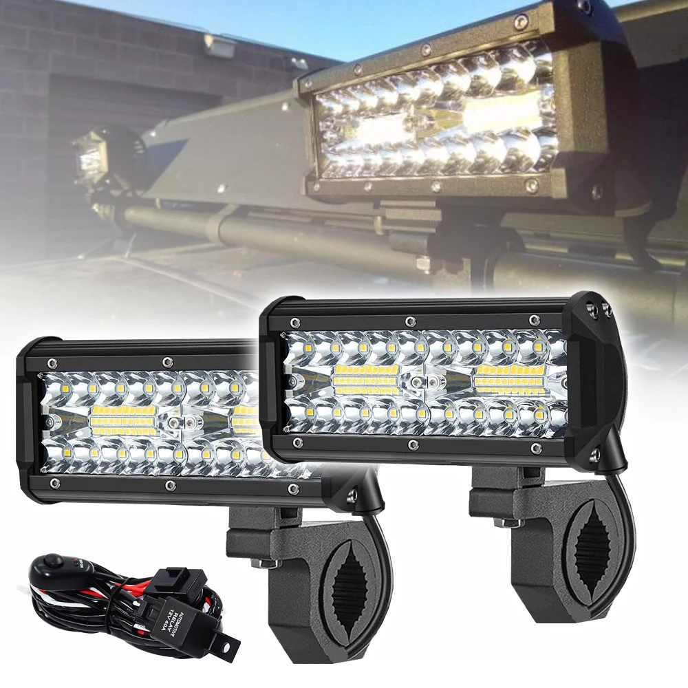 7 Inch LED Work Light Bar with Mounting Bracket Tube Clamp Wiring Harness Spot Flood Fog Lamp Offroad Truck 4x4 UTV ATV 12V 24V