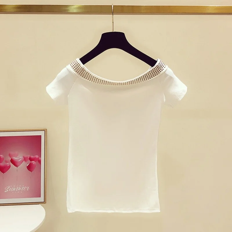 Summer Women Short Sleeve Sexy V Neck Tees Tops Ladies Casual Slim Fit Rivets Beading T-Shirt Streetwear New Pullover Top White