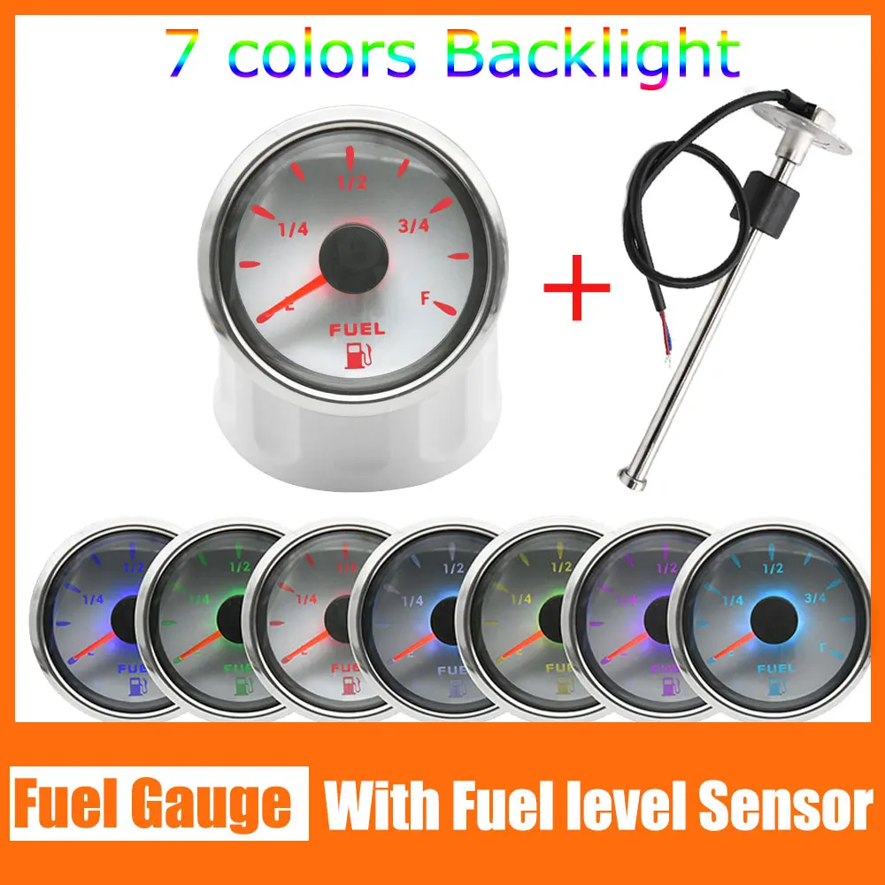 

52MM Fuel Level Gauge With Fuel Level Sensor 7 Colors Backlight 0~190 ohm Oil Tank Level Indicator Sending Unit For Marine Boat