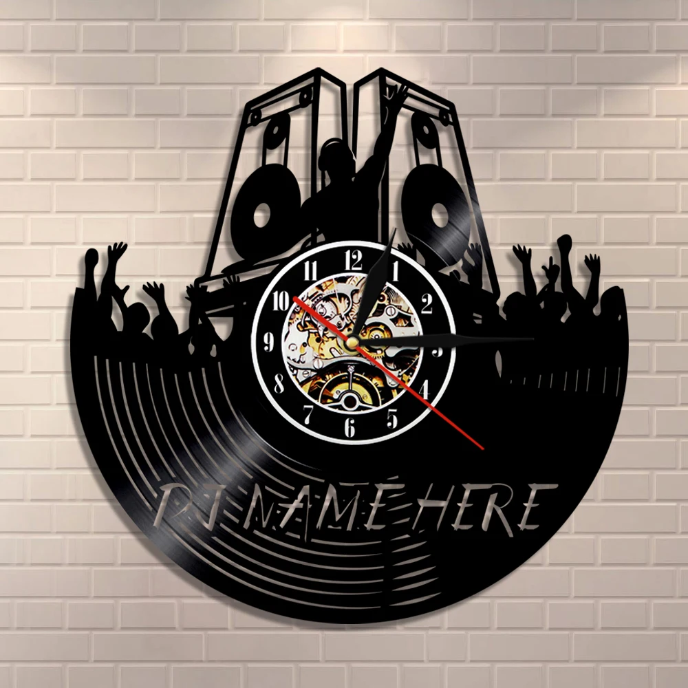Custom DJ Name Here Wall Clock Club Pub Put You Hand Up Vinyl Record Hanging Watches Modern Design Creative Wall Decor DJ Gift