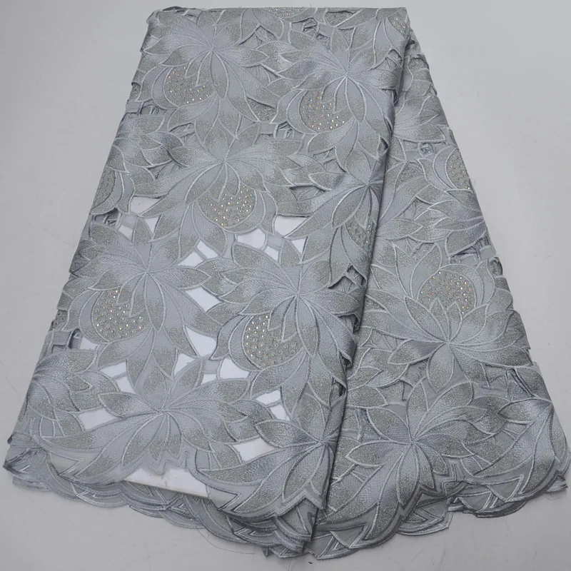 (5yards/pc) High quality grey African cotton lace soft Swiss voile lace fabric with stones and neat embroidery for dress CLP317