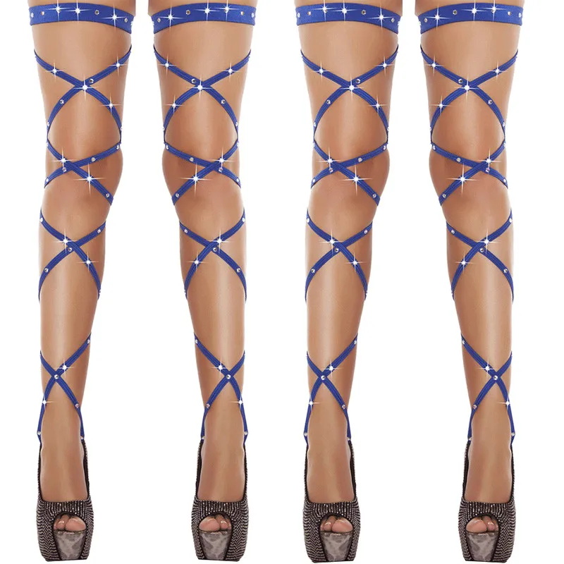 Sexy Women Lingerie Bandage Fishnet Stockings Thigh-High Crystal Studded Thigh High Leg Rave Wraps Strappy Rhinestone Tights