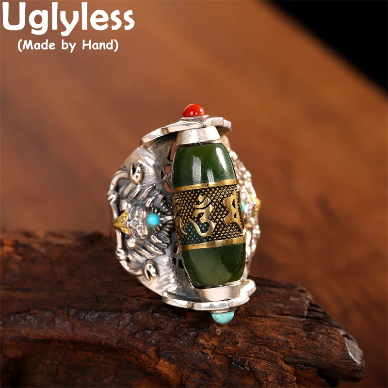 

Uglyless Tibet Relic Jasper Dzi Bead Rings Men Personalized Big Gemstones Rings Holy 6-word Mantra Buddhism Jewelry 925 Silver