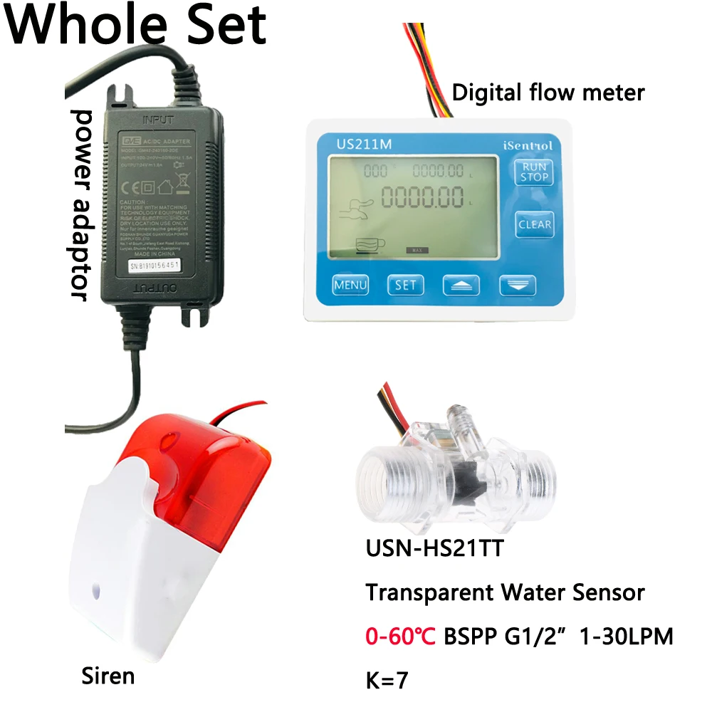 

US211MA Pipe Water Suspend Alarming System & USN-HS21TT Plastic BSPP G1/2" Flow Sensor Turbine Flow meter iSentrol with Siren