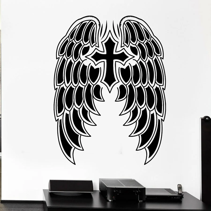 Cross Symbol Wall Decal Daemon Angel Wings Heaven Art Mural Vinyl Window Stickers Church Bedroom House Interior Decoration S1326