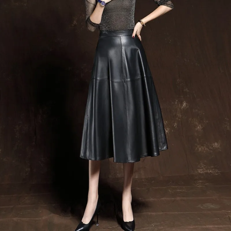 Elegant Ladies Vintage Ball Gown Mid Calf Long Skirt Sheepskin Genuine Leather Skirts New Women High Waist Pleated Skirt