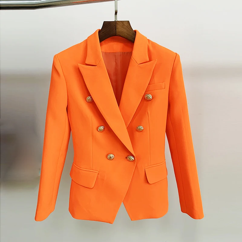 Blazer Desainer Bagus Terbaru Kualitas Tinggi Jaket Blazer Double Breasted Kancing Singa Wanita Neon Oranye