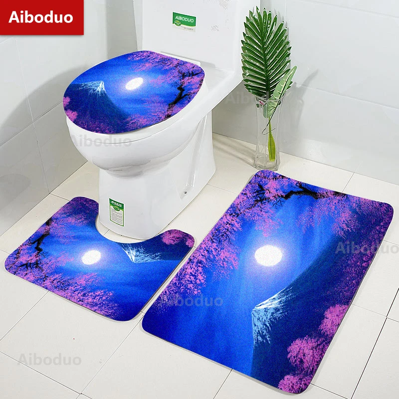 

Aiboduo Mount Fuji 3pcs/set Toilet Lid Cover Set NonSlip Carpet Bath Mat Absorbent Restroom Rug Cherry Blossoms Home Decoration