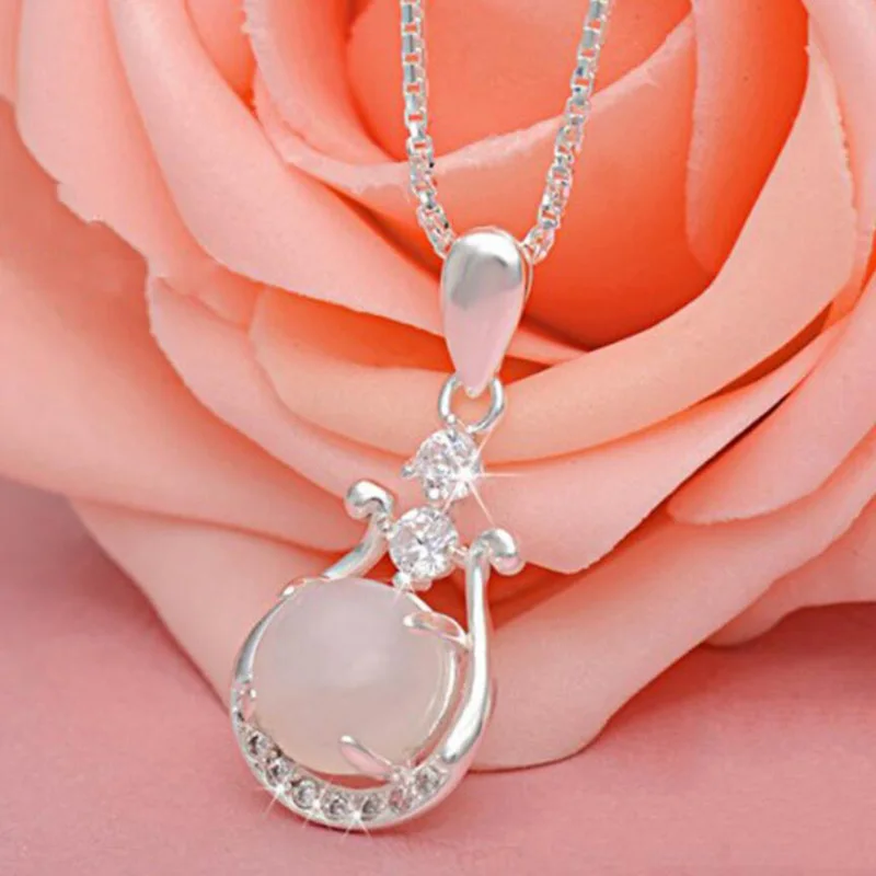 KOFSAC Fashion 925 Sterling Silver Necklaces For Women Exquisite White Crystal Round Geometric Pendant Jewelry Lady Wedding Gift