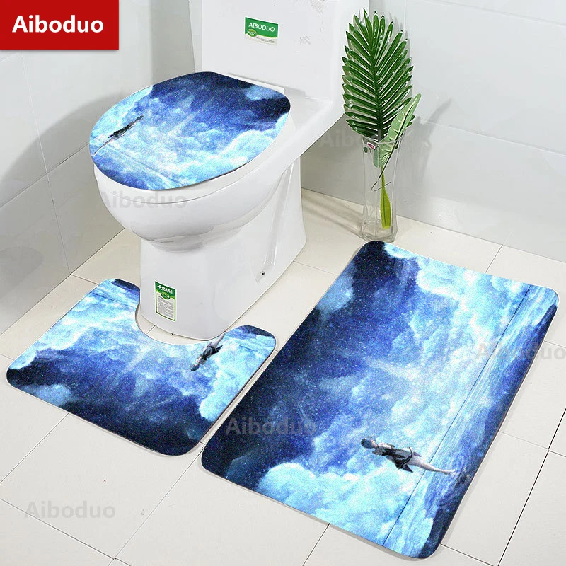 

Aiboduo Kawai Anime Girl 3pcs/set Toilet Lid Cover Set NonSlip Carpet BathMat cute Re Zero Rem Restroom Rug Warm Home Decoration