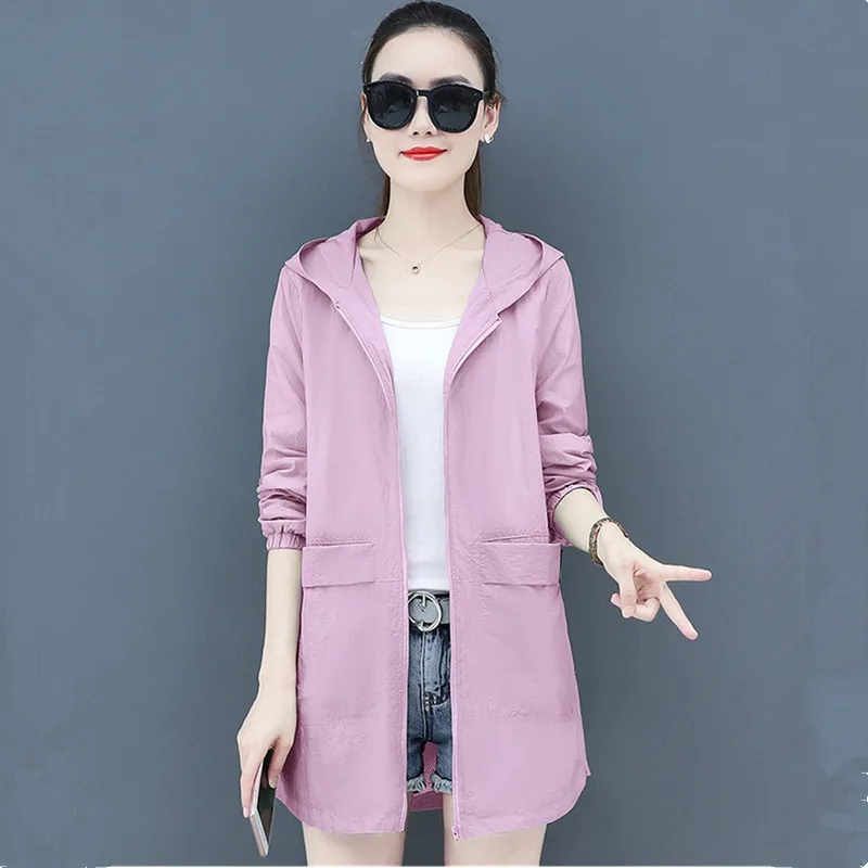 UHYTGF Hooded 5XLLoose Size Sun Protection Clothing Women Solid Wild Thin Jacket Anti-UV Breathable Outdoor Summer Tops Coat 815