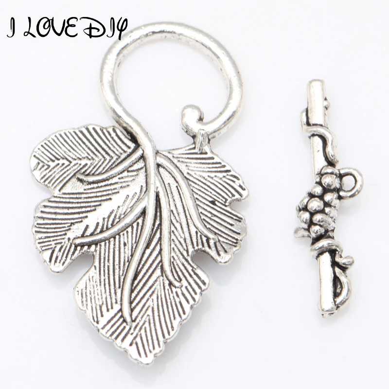 Wholesale10 Sets Tibetan Silver Grape Leaf Toggle Clasps Connectors for Jewelry Making 37x20mm  22x2mm hole about1.5mm