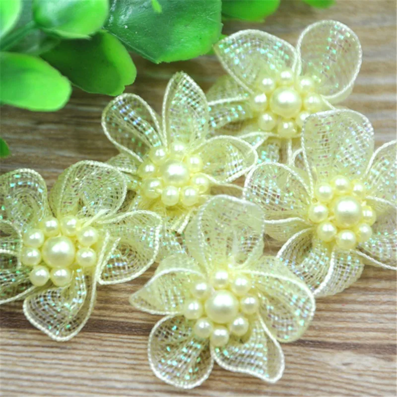 20 pcs U pick Organza Ribbon Flowers Bows w/Beads Appliques Wedding Craft A011