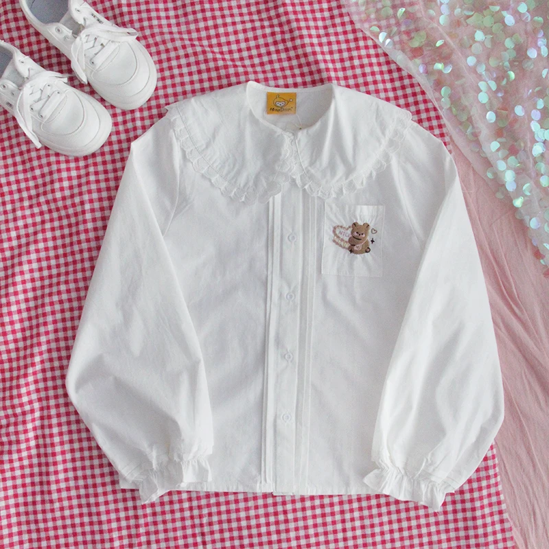 Japanese Kawaii Cartoon White Shirt Women Lolita Sweet Peter Pan Collar Lace Button Down Blouse Soft Girls Long Sleeve Cute Tops