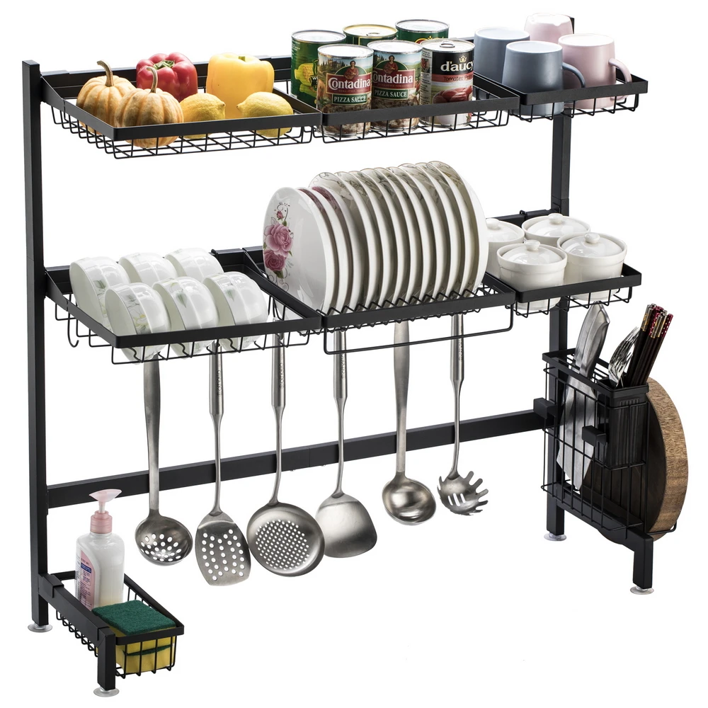 

Kitchen Bowl Rack Storage Shelf Stainless Steel Double Layer Inner Length 95x28x80CM Black[US-Stock]