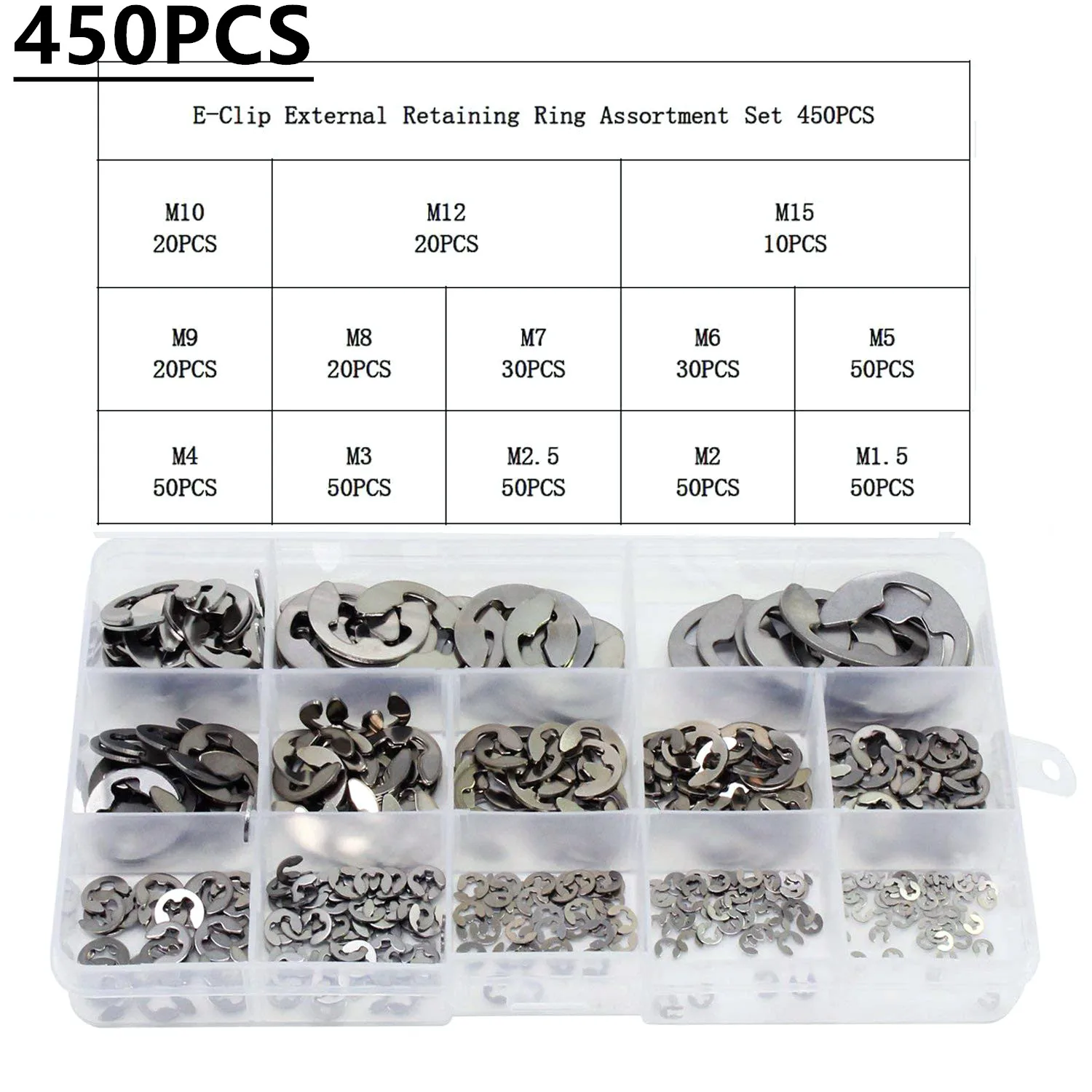 450PCS M1.5-M15 304 Stainless Steel Internal External Retaining Circlips Washers Snap Retaining Ring Circlip Assortment Kit