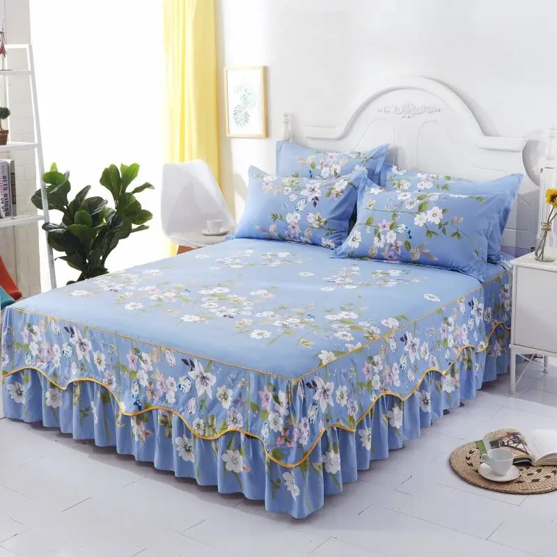 Cama antipolvo para las cuatro estaciones con Funda de colchón con falda de cama con estampado floral, tamaño grande/King-size 200x220cm, sin funda de almohada.