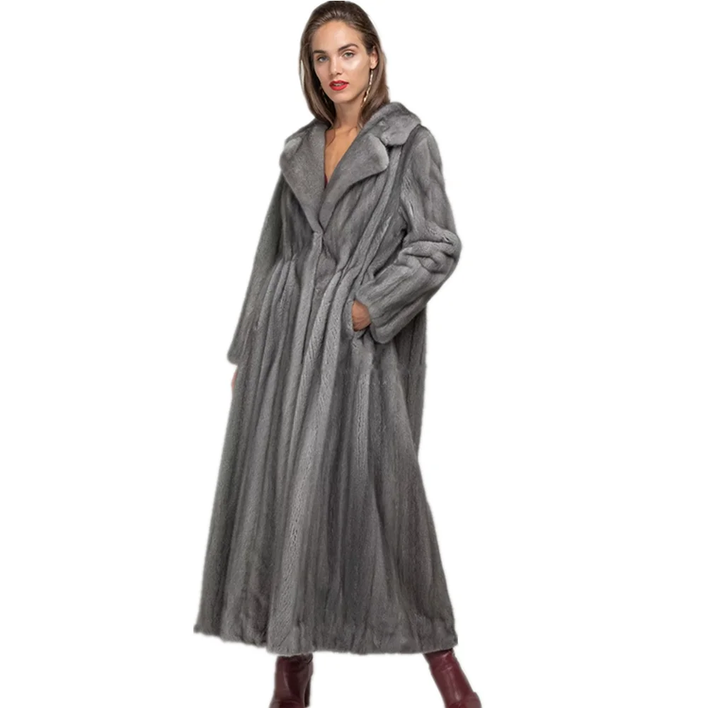 TOPFUR Real Fur Coat Women Winter Coat X-Long Natural Mink Fur Coat With Lapel Collar Gray Coat Women Leather Jacket Plus Size