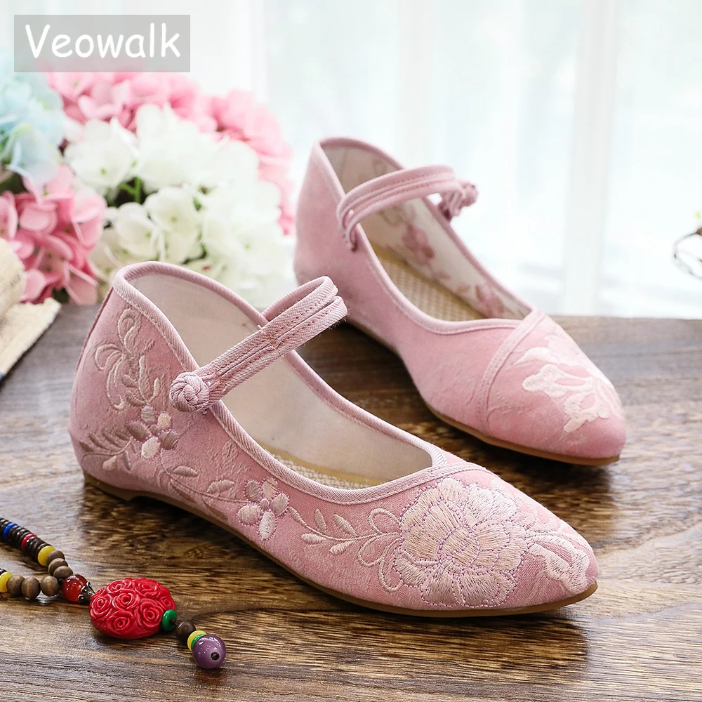Veowalk miękkie wygodne damskie żakardowa bawełna Pointy Toe Mary Jane mieszkania Retro w stylu chińskim damskie haftowane buty do chodzenia