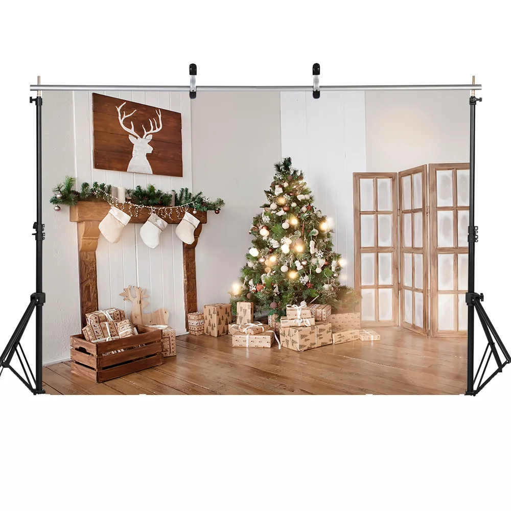 Merry Christmas การถ่ายภาพฉากหลังฤดูหนาวครอบครัวพื้นหลังตกแต่งฉากหิมะเตาผิงต้นคริสต์มาสถ่ายภาพ