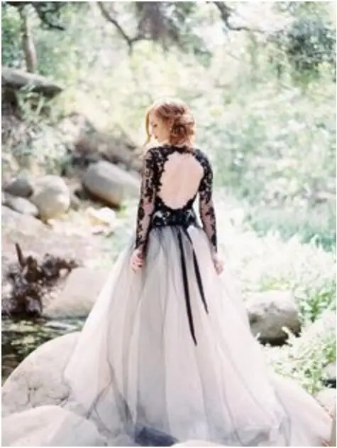 Đen Trắng Váy Áo Có Túi Thanh Lịch Gothic Áo Cưới Nữ Ren Appliques Áo Dây De Mariee 2019 Casamento