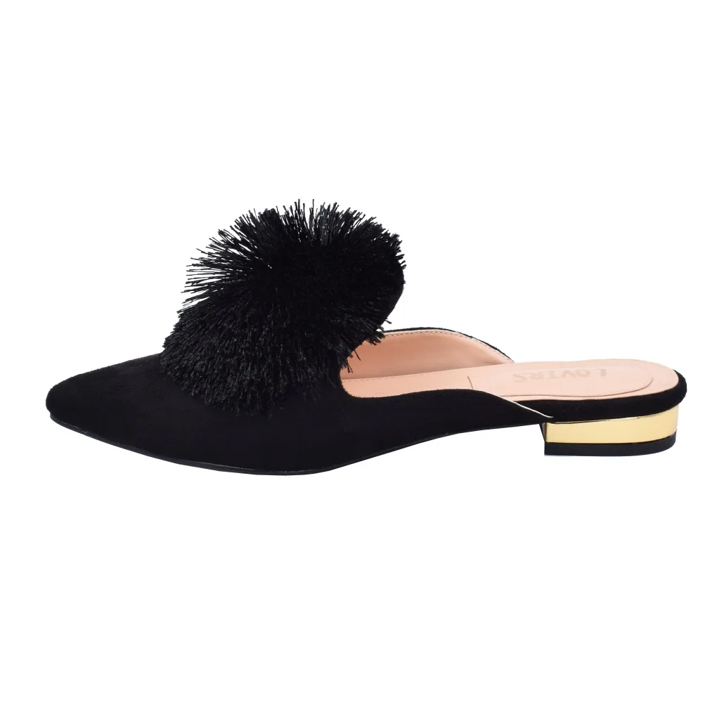 Lovirs Mules for Women Puff Pom poms Slip On Loafers Backless Green Mule Pointed Toe Velvet Mule Slides Slippers Shoes