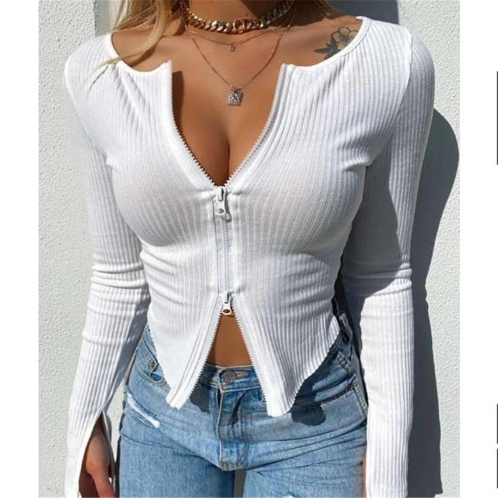 

Early Autumn Women's Sweater Outwear Double Zippers Design Long Sleeve Short Slim Coat Jacket Solid Sexy Ribbed Knit Sweaters