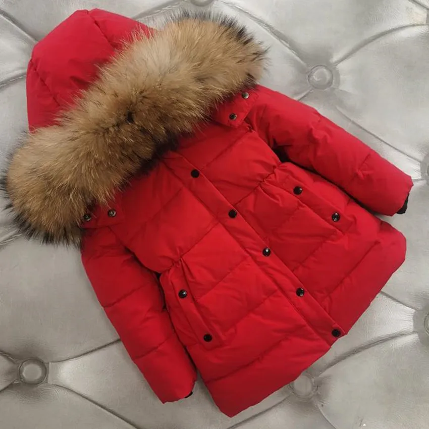 

New arrival winter baby boys girls big fur collar white down coat kids medium length warm thicken outwear