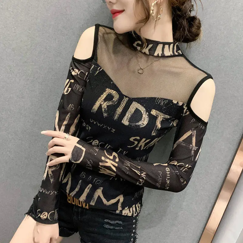 Latin Tops Sexy Mesh Strapless Women Long-sleeve T-shirt Women's Autumn And Winter New Slim Slimming Suspender Stitching T-shirt