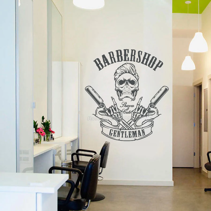 Skull Straight Razor Wall Stickers Haircut Shop Vinyl Wall Decal For Barber Shop Decoration Window Decor Accessories Art LL2702